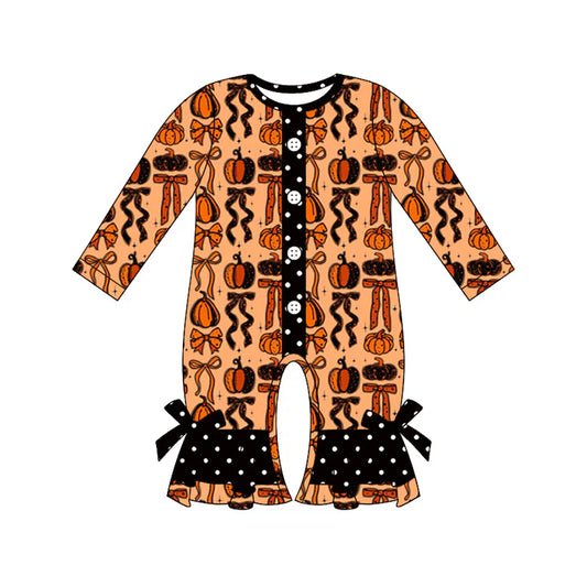 Preorder moq 5 Baby Infant Girls Long Sleeves Bows Pumpkins Plaid Button Ruffle Pant Romper 7.14