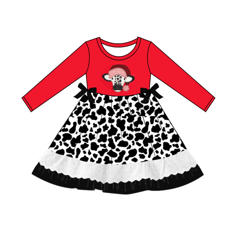 Christmas Baby Girls Dress Cow Long Sleeve Knee Length Dresses Preorder MOQ 5