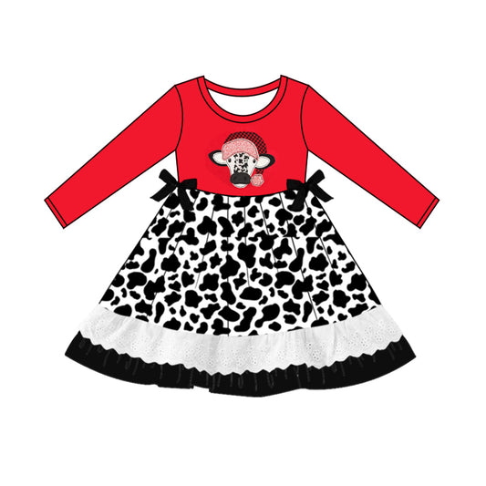 Christmas Baby Girls Dress Cow Long Sleeve Knee Length Dresses Preorder MOQ 5