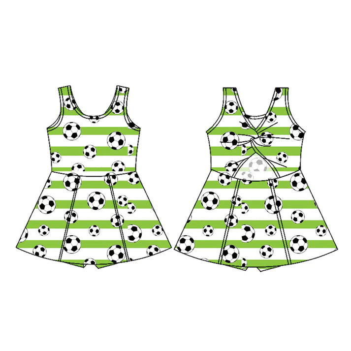 Preorder (moq 5)Baby Girls Green Stripe Footballs Team Shorts Knee Length Dresses 12.1