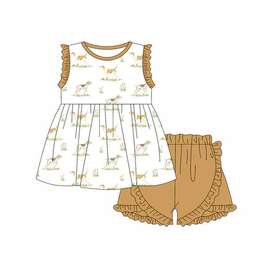 Preorder (moq 5)Baby Girls Khaki Sleeveless Dogs Tunic Ruffle Shorts Set 4.23