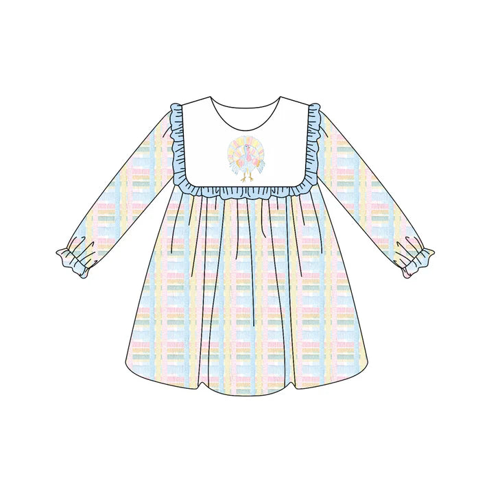 Preorder (moq 5)Baby Girls Long Ruffle Sleeves Light Blue Turkey Plaid Knee Length Dresses 6.3