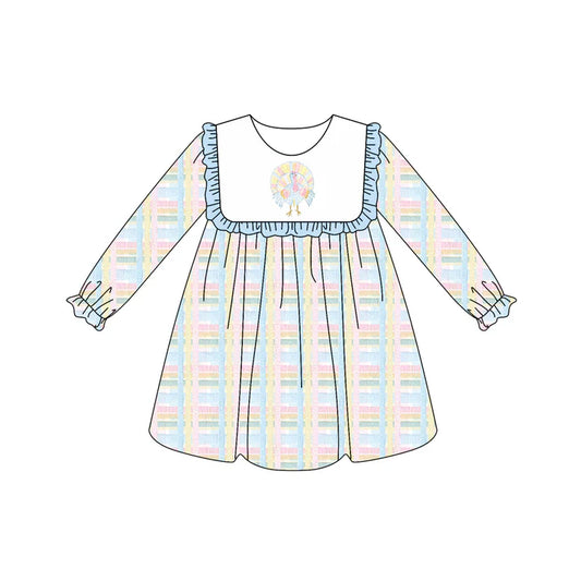 Preorder (moq 5)Baby Girls Long Ruffle Sleeves Light Blue Turkey Plaid Knee Length Dresses 6.3