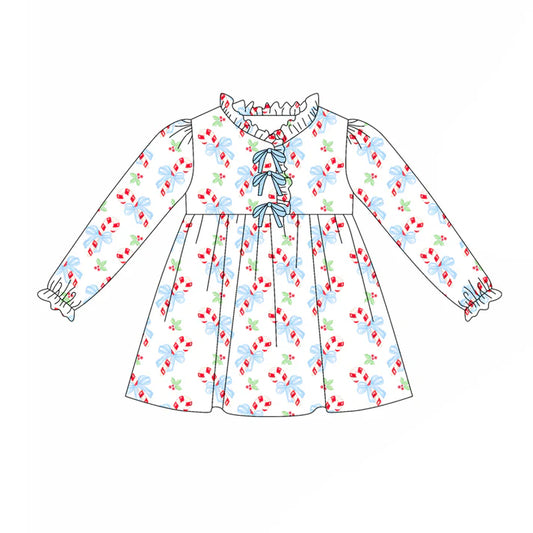 preorder(moq 5) Baby Girls Long Sleeves Blue Bows Candy Cane Plaid Knee Length Dress 7.25