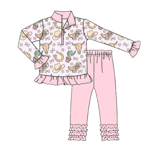 Preorder (moq 8)Baby Girls Pink Bull Skulls Hats Zipper Pullover Ruffle Legging Pants Clothes Set 9.8
