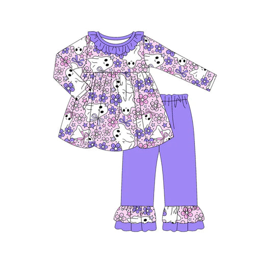 Preorder (moq 5)Baby Girls Long Sleeves Purple Flowers Ghosts Tunic Ruffle Pant Sets 6.13