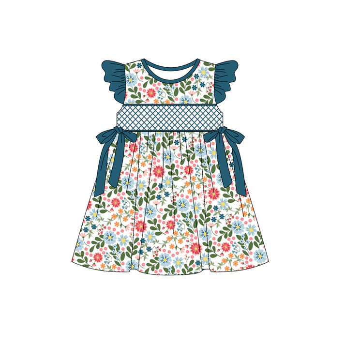 Preorder (moq 5)Baby Girls Navy Flutter Sleeves Bows Floral Knee Length Dresses 5.15