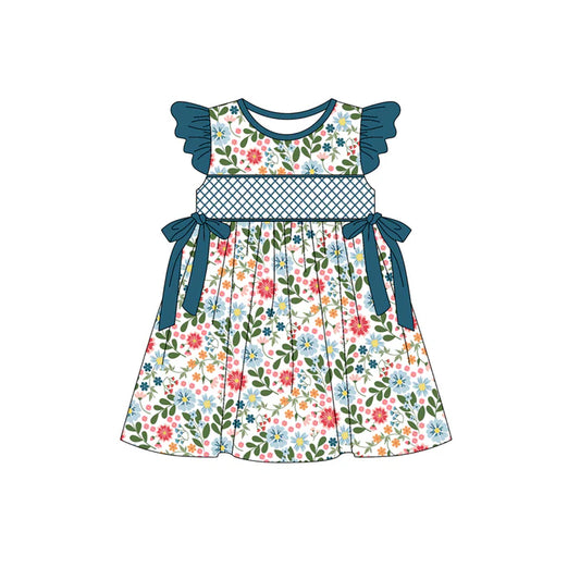 Preorder (moq 5)Baby Girls Navy Flutter Sleeves Bows Floral Knee Length Dresses 5.15