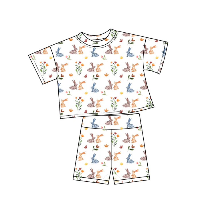 Preorder (moq 5)Baby Girls Colorful Rabbits Flowers Top Shorts Easter Clothes Sets 12.6