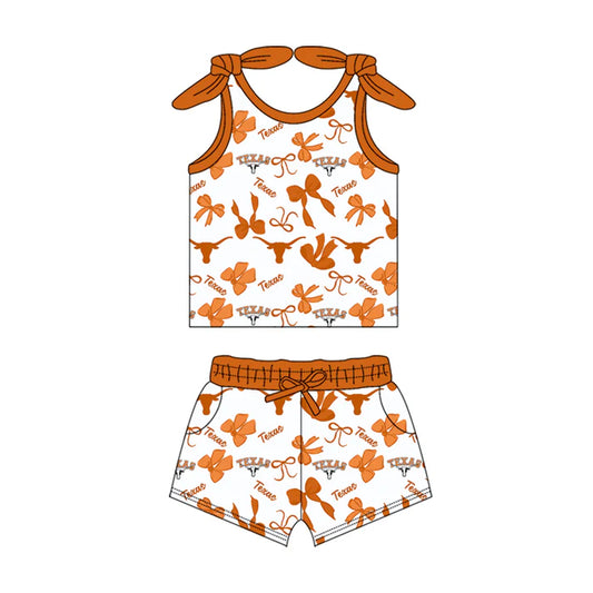 Preorder MOQ 5 pcs sleeveless bull skull bow top shorts girls team clothes 8.26