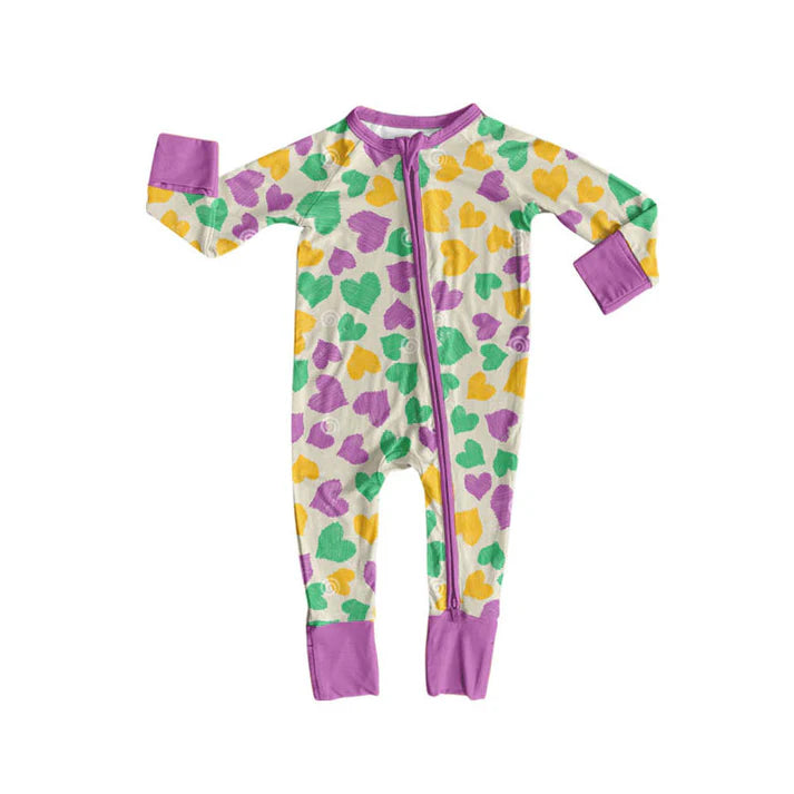 Preorder (moq 8)Baby Girls Mardigras Hearts Zipper Footie Rompers 9.25