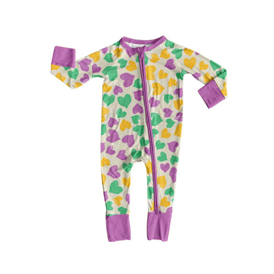 Preorder (moq 8)Baby Girls Mardigras Hearts Zipper Footie Rompers 9.25