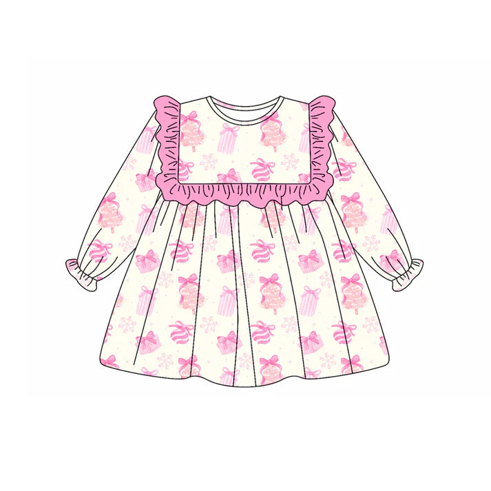 Preorder (moq 5)Baby Girls Long Ruffle Sleeves Pink Bows Gifts Knee Length Dresses 5.19