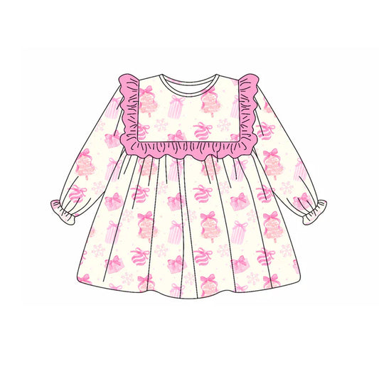 Preorder (moq 5)Baby Girls Long Ruffle Sleeves Pink Bows Gifts Knee Length Dresses 5.19