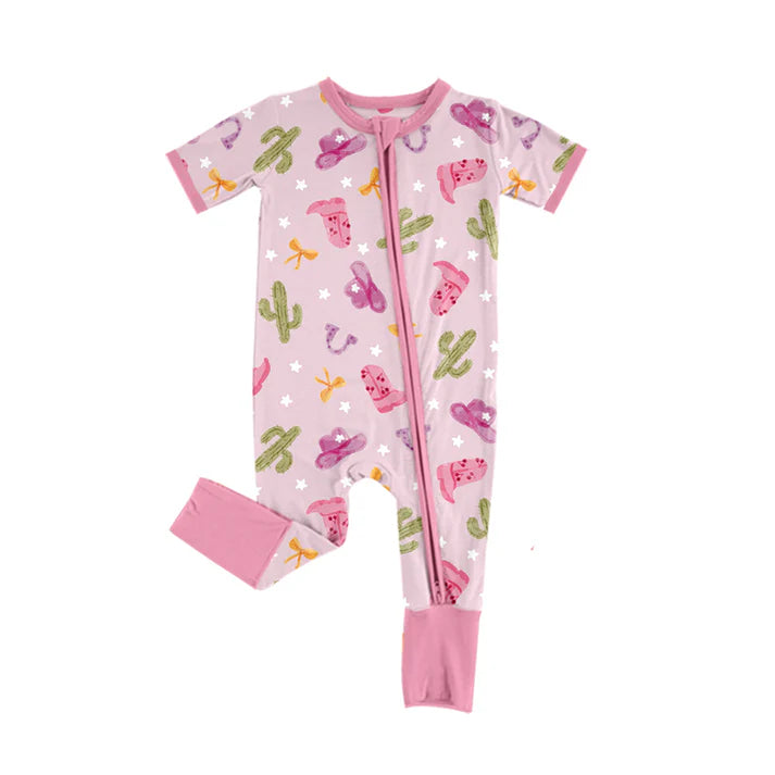 Preorder (moq 5)Baby Girls Cactus Boots Hats Western Two Way Zip Convertible Rompers 11.26