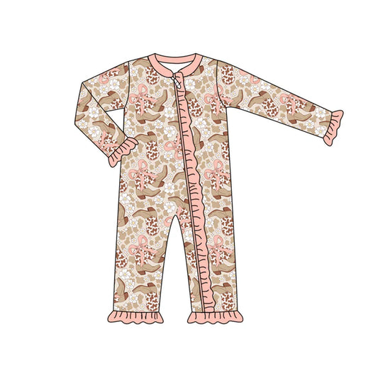 Preorder (moq 5)Baby Girls Long Sleeves Bows Leopard Boots Flowers Ruffle Zipper Romper 7.3