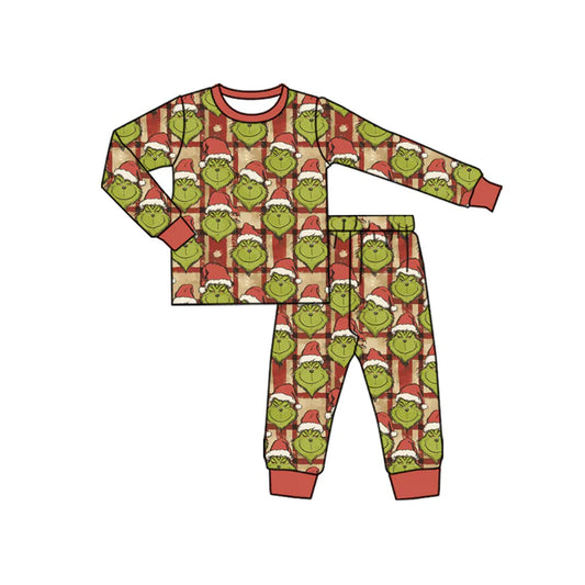 Preorder(moq 5) Baby Boys Long Sleeves Green Faces Plaid Top Pants Pajamas Set 7.23