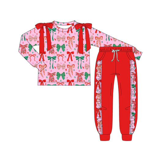 Preorder (moq 5)Baby Girls Long Sleeves Green Red Bows Plaid Top Legging Pants Set 7.26