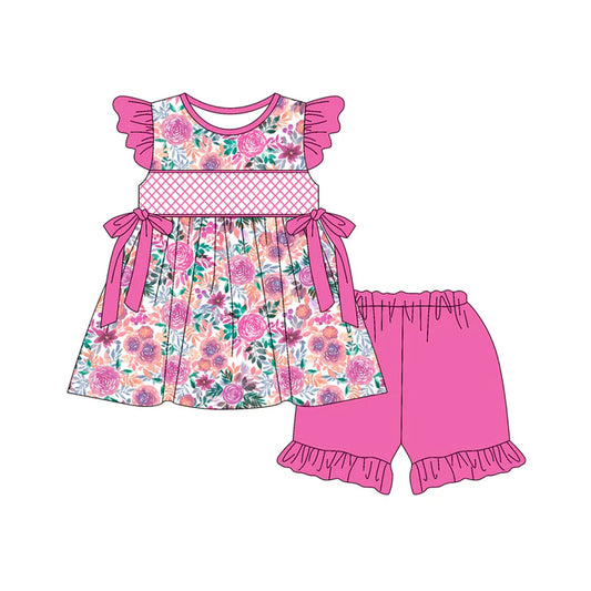 Preorder (moq 5)Baby Girls Hot Pink Flutter Sleeves Floral Bows Tunic Ruffle Short Set 5.14