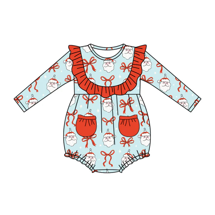 Preorder (moq 5)Baby Girls Blue Long Sleeves Bows Santa Pockets Ruffle Rompers 5.17
