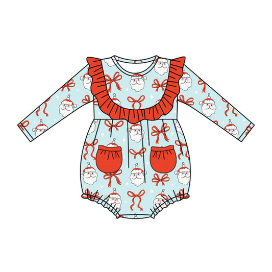 Preorder (moq 5)Baby Girls Blue Long Sleeves Bows Santa Pockets Ruffle Rompers 5.17