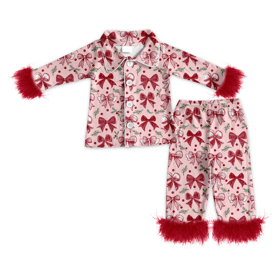 Preorder (moq 5)Baby Girls Long Sleeves With Fur Red Bows Plaid Button Top Pant Pajamas Set 5.19
