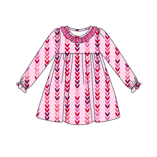 Preorder (moq 8)Baby Girls Long Ruffle Sleeve Hearts Stripe Valentine Knee Length Dresses 9.19