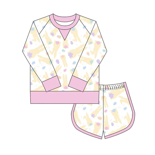 Preorder(moq 8)Baby Girls Colorful Rabbits Eggs Long Sleeve Top Shorts Easter Clothes Set 9.27