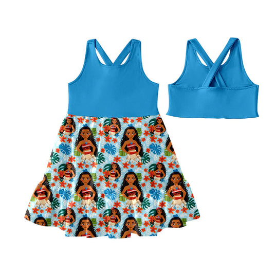 Preorder (moq 5)Baby Girls Hot Blue Sleeveless Floral Princess Patchwork Knee Length Dress 4.25