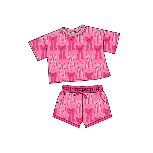 Preorder(moq 5) Baby Girls Hot Pink Hearts Bows Top Pockets Shorts Valentine Clothes Sets 10.4