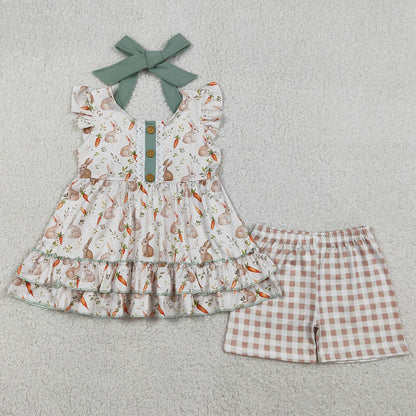 Baby Girls Clothes Carrot Rabbits Button Strap Tunic Checked Shorts Easter Clothes Sets GSSO2980