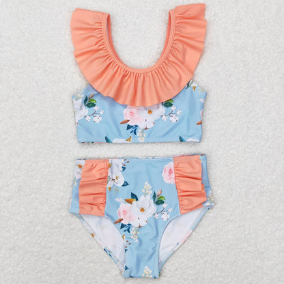Baby Girls Swimsuit Blue Flowers Sleeveless Ruffle Top 2pcs Swimsuits S0179