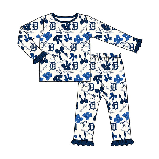 Preorder MOQ 5 Long sleeves navy bows kids girls team pajamas 8.21