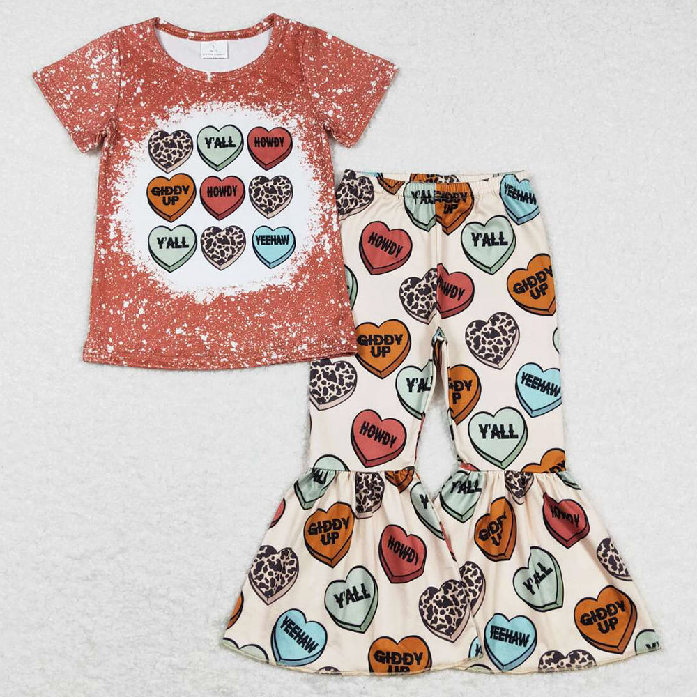 Fashion Baby Girls Clothes Valentines Heart Shirt Bell Pants Sets