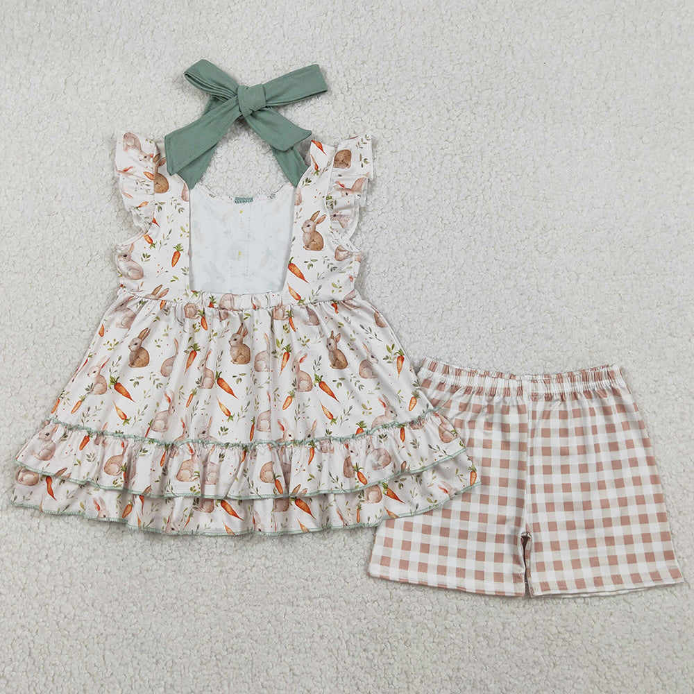 Baby Girls Clothes Carrot Rabbits Button Strap Tunic Checked Shorts Easter Clothes Sets GSSO2980