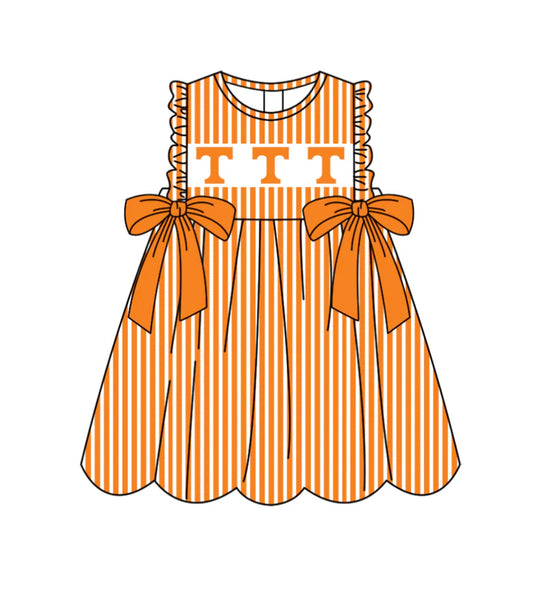 Preorder (moq 5)Baby Girls Sleeveless Orange Stripe T Bows Team Knee Length Dresses 11.25