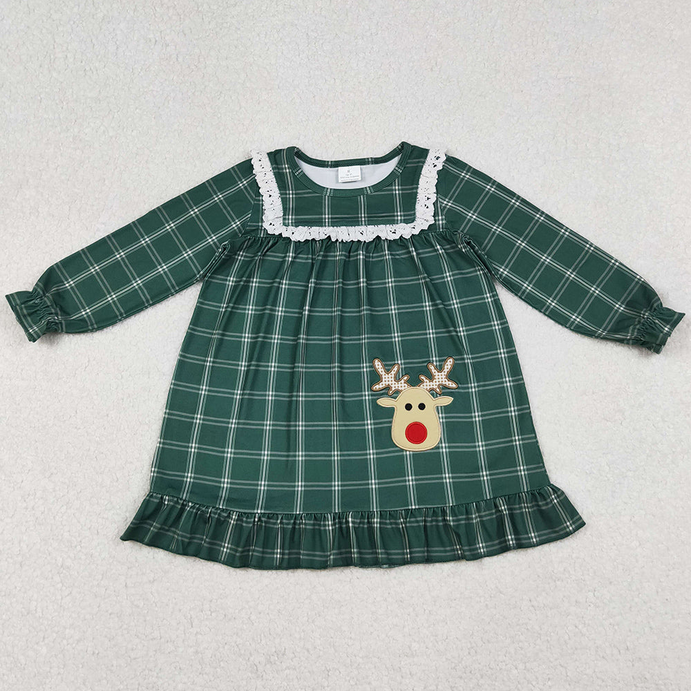 Baby Girls Dress Embroidery Deer Green Checkered Christmas Knee Length Dresses GLD0561 10.2