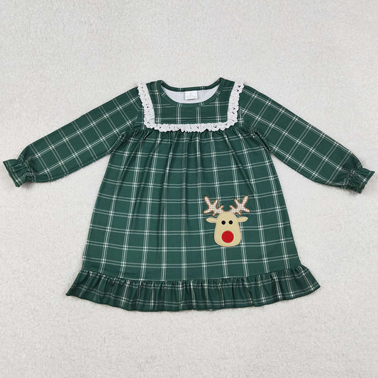 Baby Girls Dress Embroidery Deer Green Checkered Christmas Knee Length Dresses GLD0561 10.2