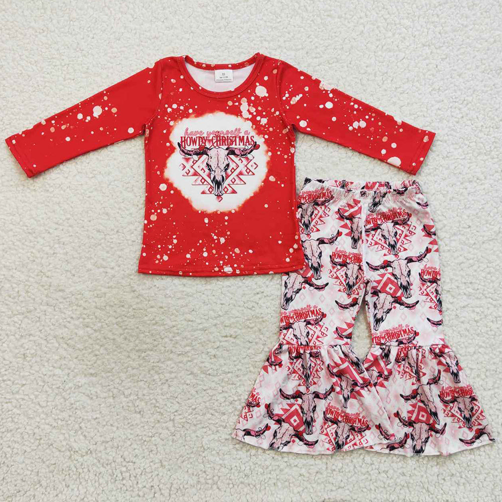 Boutique Girls Clothing Howdy Christmas Long Sleeve Bell Bottom Outfits GLP0746