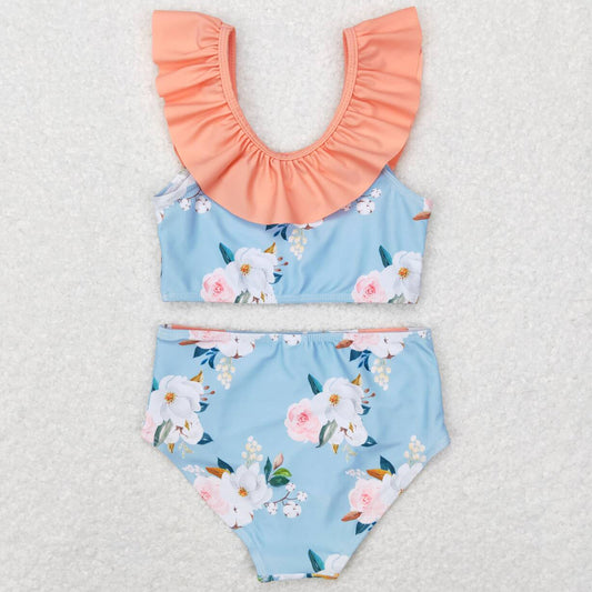 Baby Girls Swimsuit Blue Flowers Sleeveless Ruffle Top 2pcs Swimsuits S0179