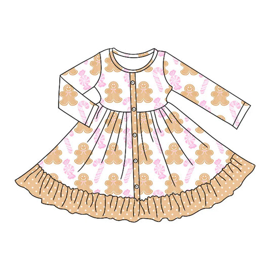 Preorder moq 5 Baby Girls Long Sleeves Gingerbread Candy Button Ruffle Knee Length Dresses 5.7