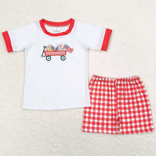 Baby Boys Clothes 4th Of July Flag Tractor Red Checkered Shorts Kids Sibling Clothing Girls Sets BSSO0618