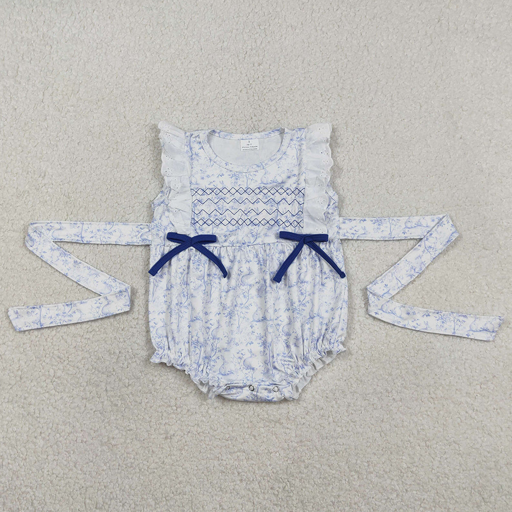 Embroidery Baby Girls Rompers Sleeveless Rabbits Flowers Easter Ruffle Rompers SR3219