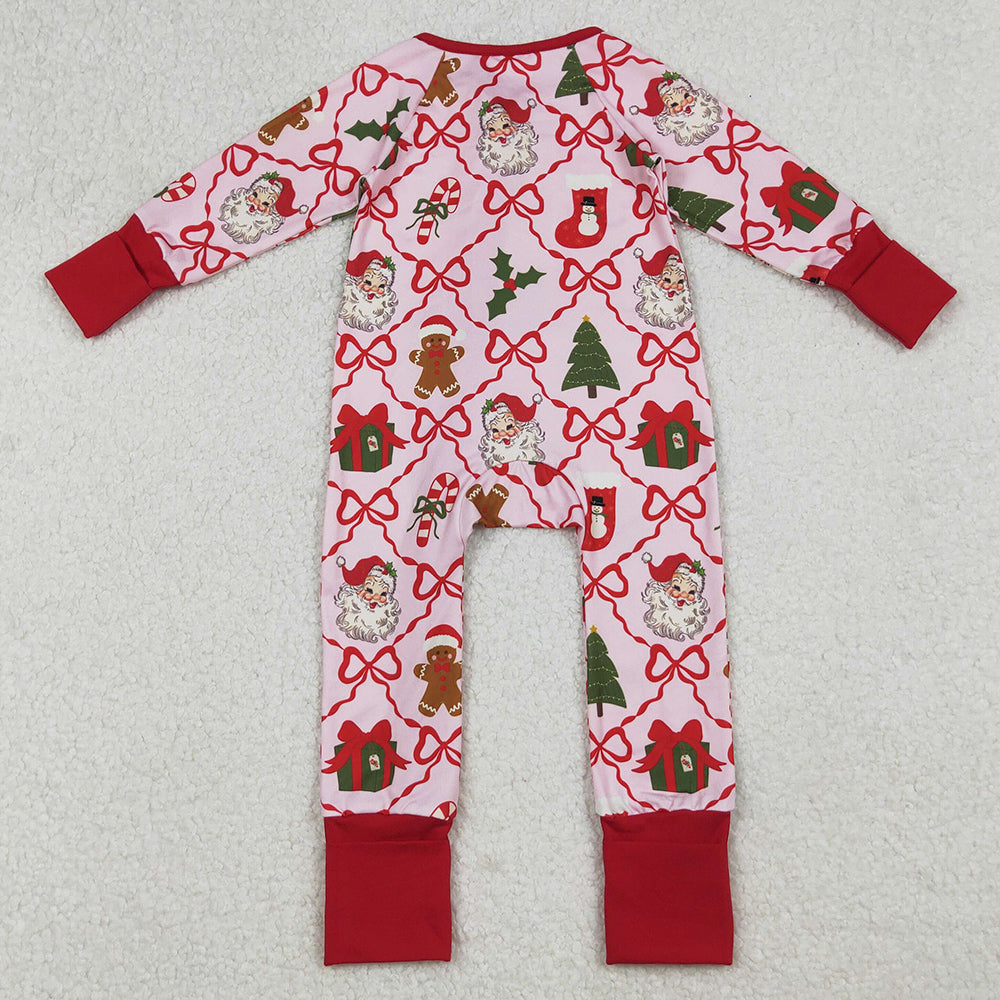 Baby Girls Rompers Red Bows Santa Gifts Checked Christmas Zipper Footie Rompers LR2632 10.2
