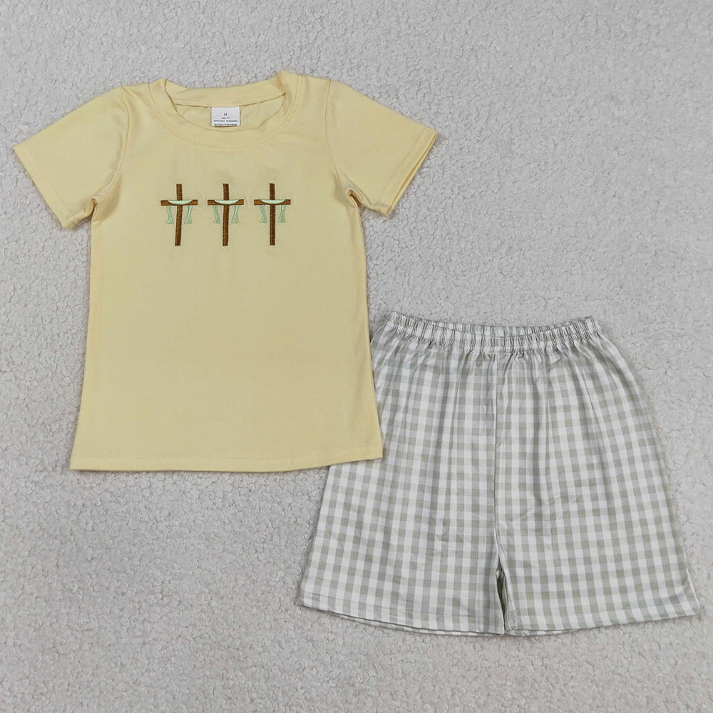Baby Boys Clothes Embroidery Crosses Top Checked Shorts Easter Clothes Sets BSSO1717