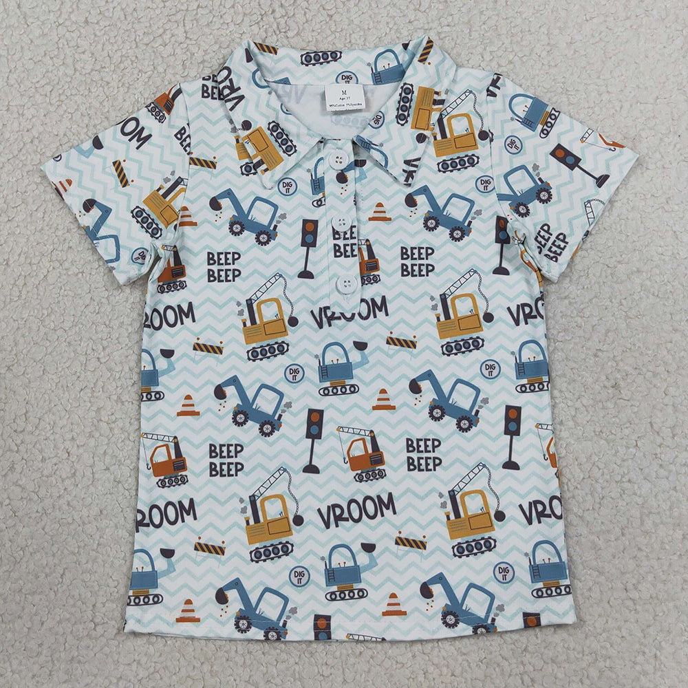 Baby Boys Clothes Short Sleeve Excavators Tractors Button Polo Shirts Top BT1793