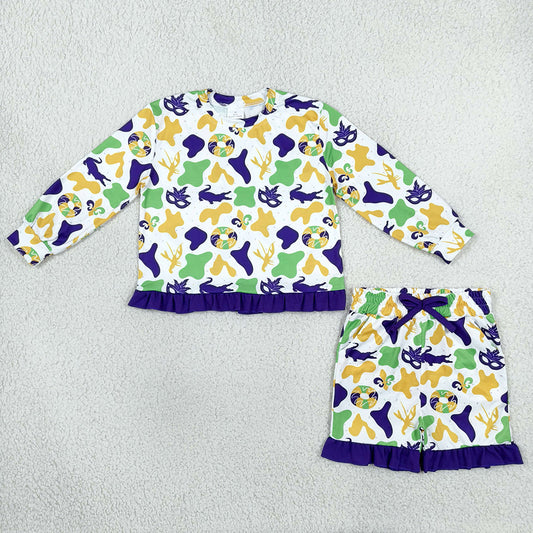 Baby Girls Clothes Donuts Masks Camo Long Sleeve Top Ruffle Short Mardigras Clothes Sets GLS0243