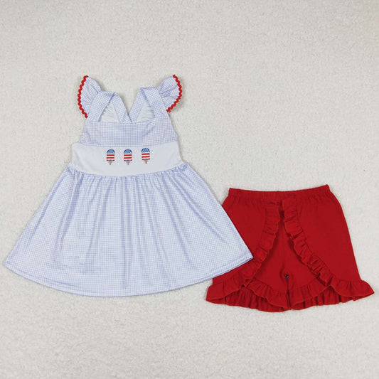 Baby Girls Clothes 4th Of July Popsicle Straps Tunic Top Ruffle Shorts Sets GSSO0798