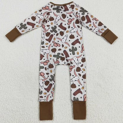 Baby Boys Rompers Western Brown Long Sleeves Bull Skull Cactus Zipper Rompers LR2334 8.6