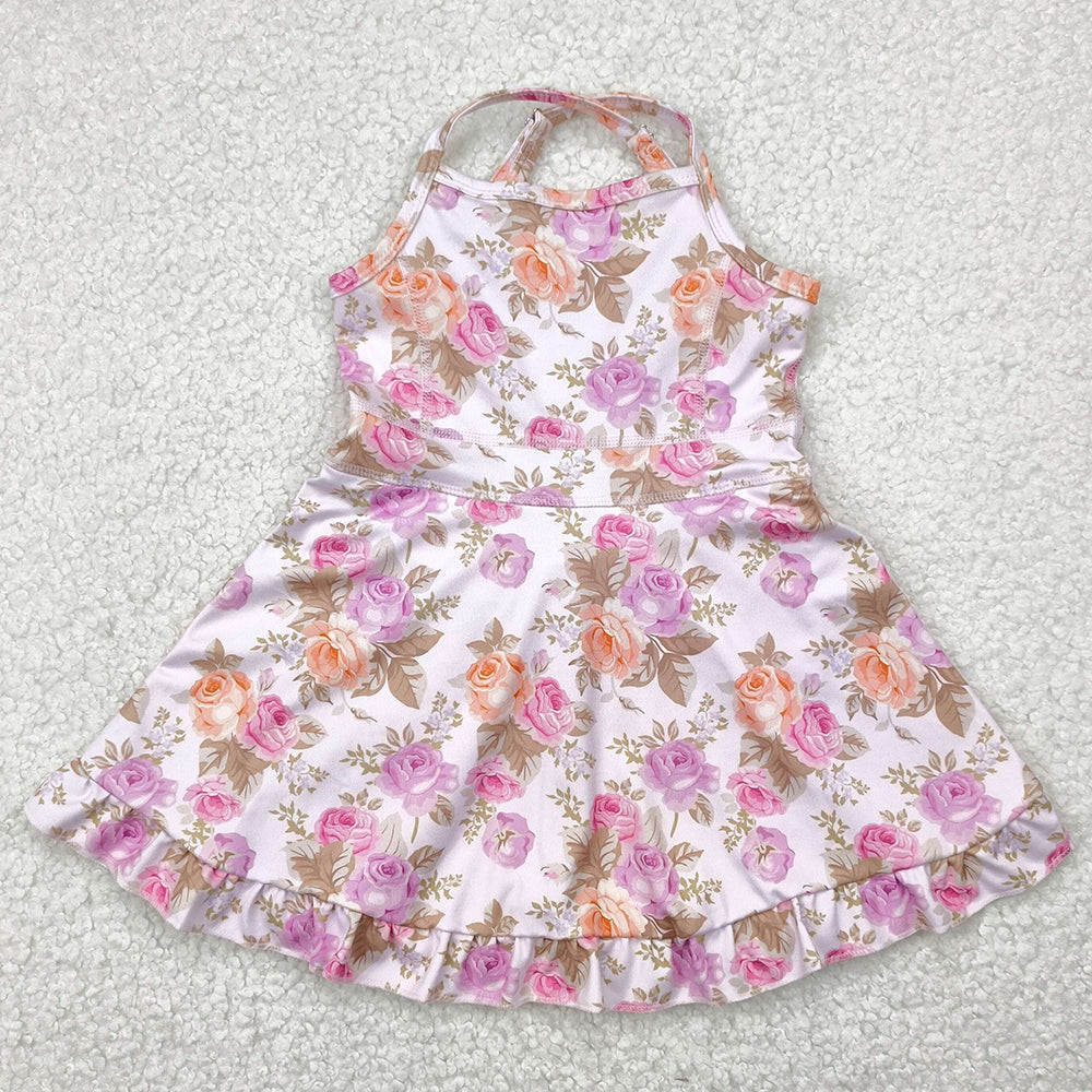Baby Girls Dress Peach Strap Floral Yoga Ruffle Knee Length Dresses GSD2280 4.29
